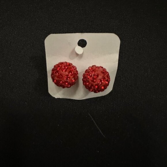 boutique Jewelry - Red 14 mm Two Tone Rhinestone Earrings  Silver Post  Polymer Clay Beads  14MM  R